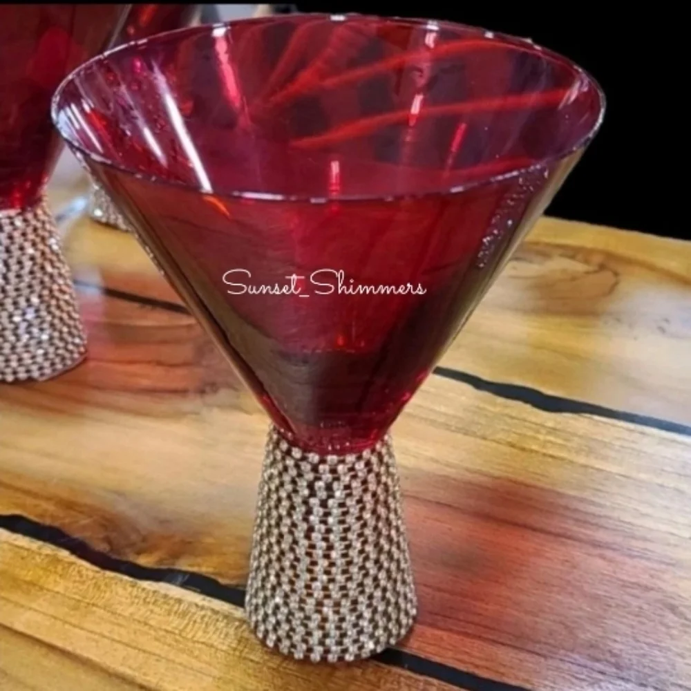x4 RED & GOLD Glam Rhinestone Crystal Cocktail Bar MARTINI Glass Set New